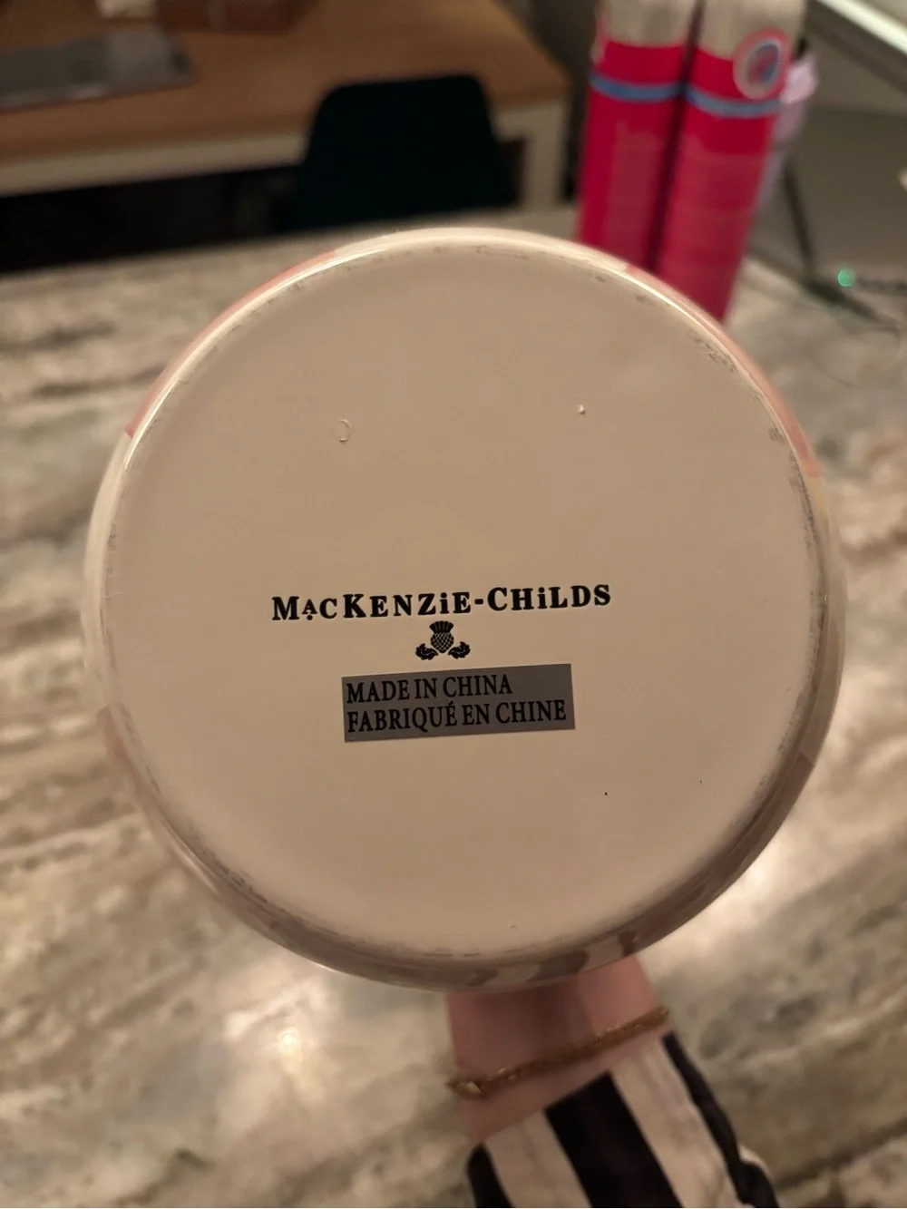 MacKenzie-Childs Pink and Cream Check Vase with Gold Rim
